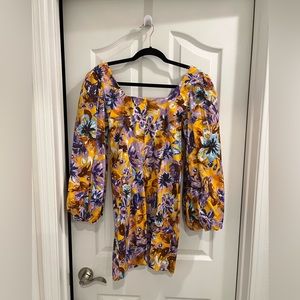 NEW Zara purple and yellow floral mini-dress with puffy long sleeves. Size S.